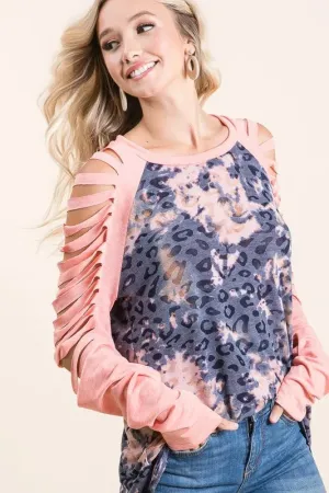 BiBi Tie Dye Leopard Burn Out Top with Contrast