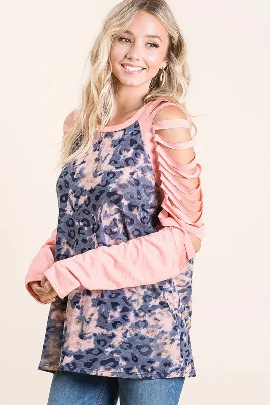 BiBi Tie Dye Leopard Burn Out Top with Contrast