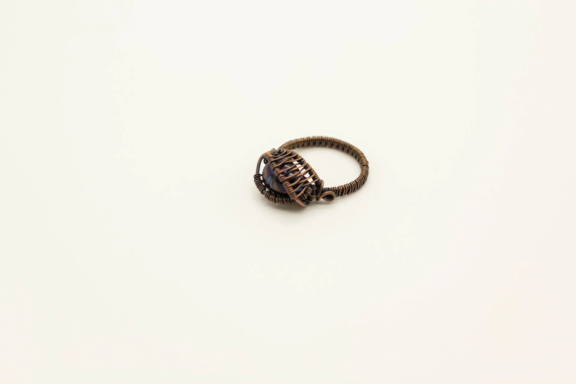 Black Dichroic Fused Glass and Copper Wire Wrapped Ring