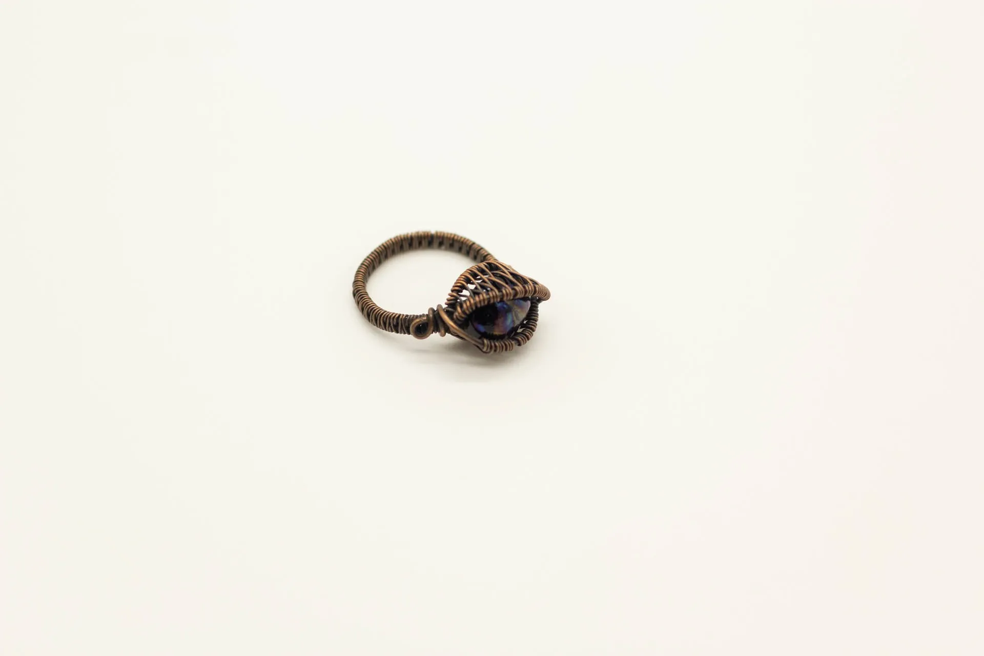Black Dichroic Fused Glass and Copper Wire Wrapped Ring