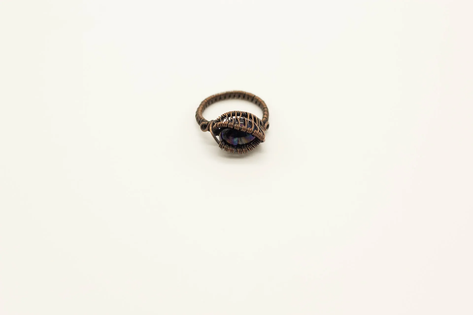 Black Dichroic Fused Glass and Copper Wire Wrapped Ring