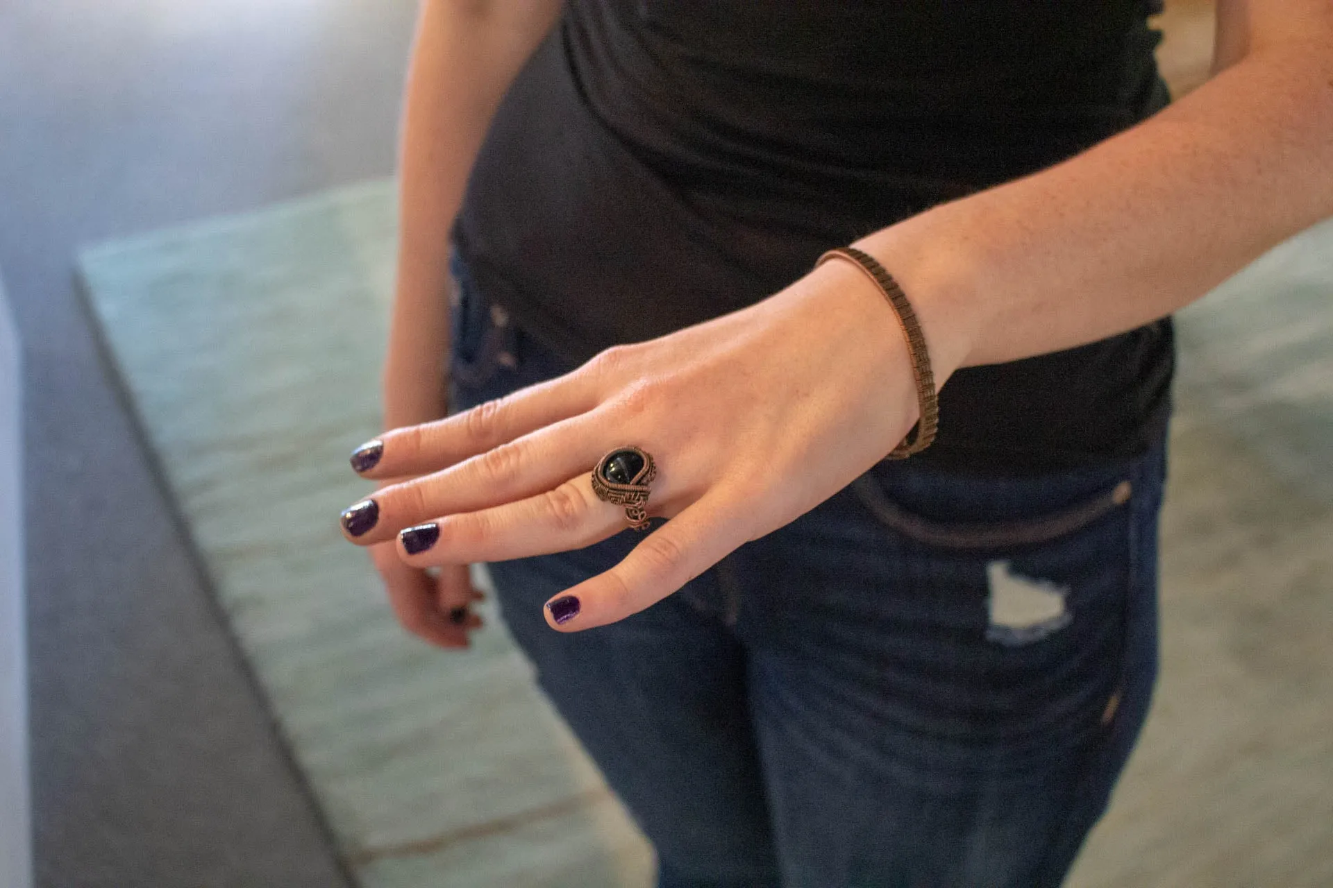 Black Fused Glass and Copper Wire Wrapped Statement Ring