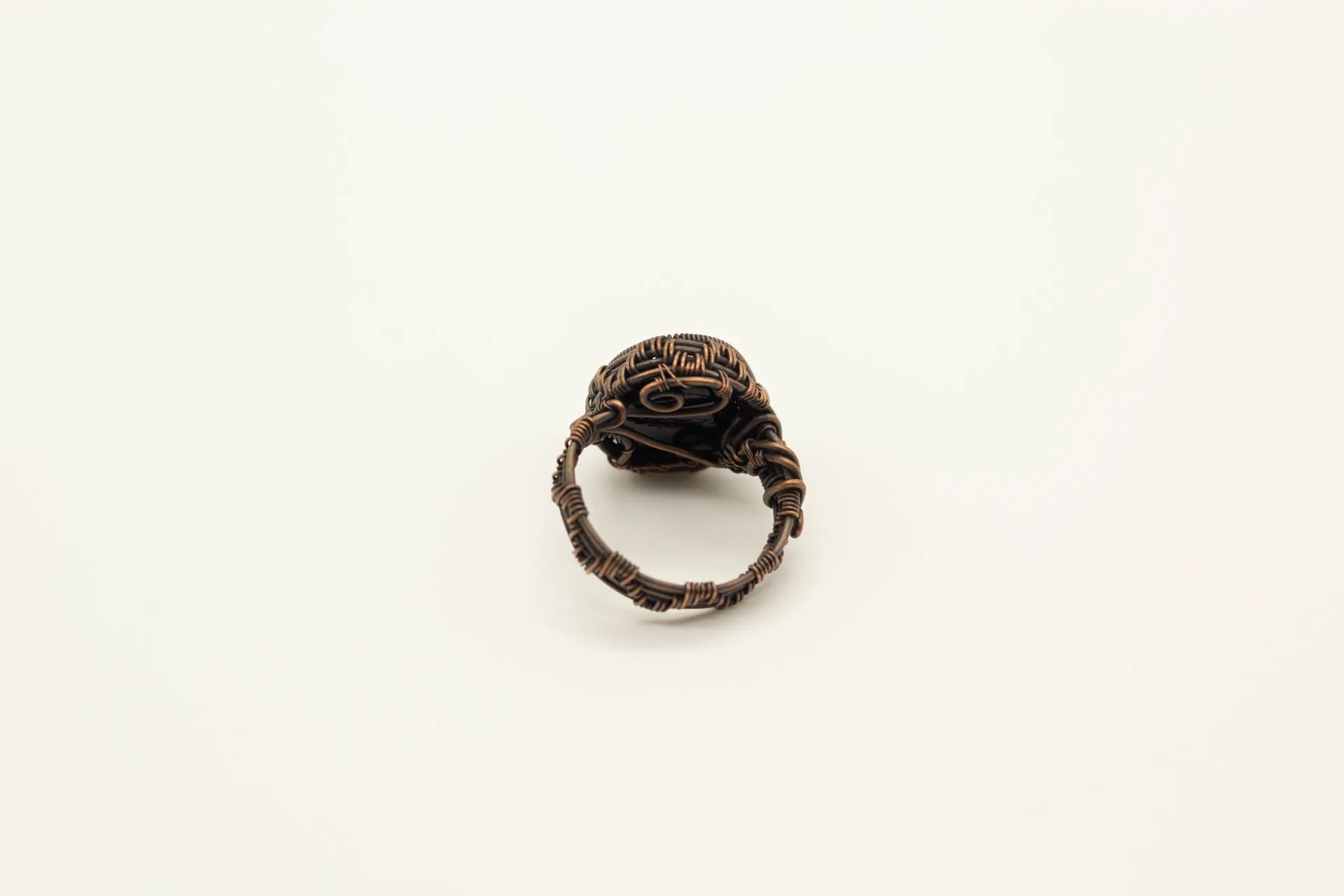 Black Fused Glass and Copper Wire Wrapped Statement Ring
