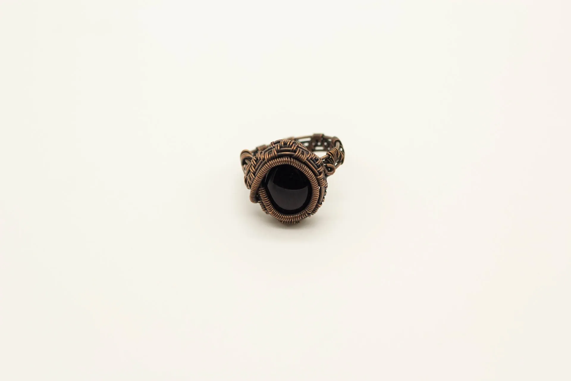 Black Fused Glass and Copper Wire Wrapped Statement Ring