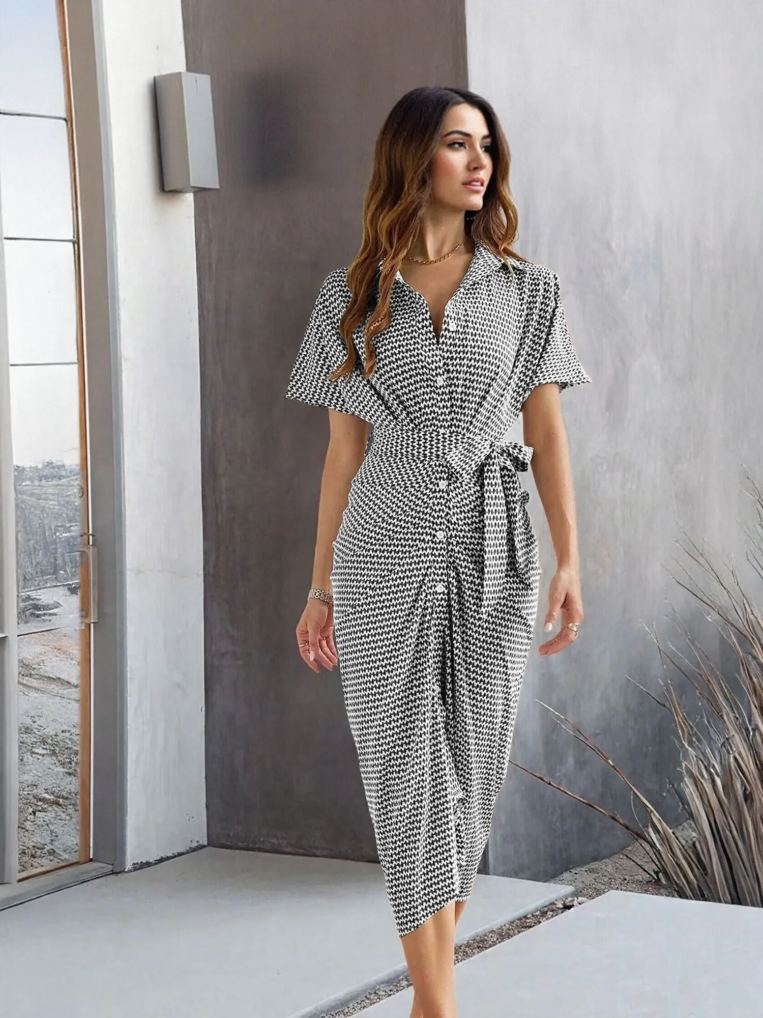 Black Midi Shirt Dress With Front Pleats