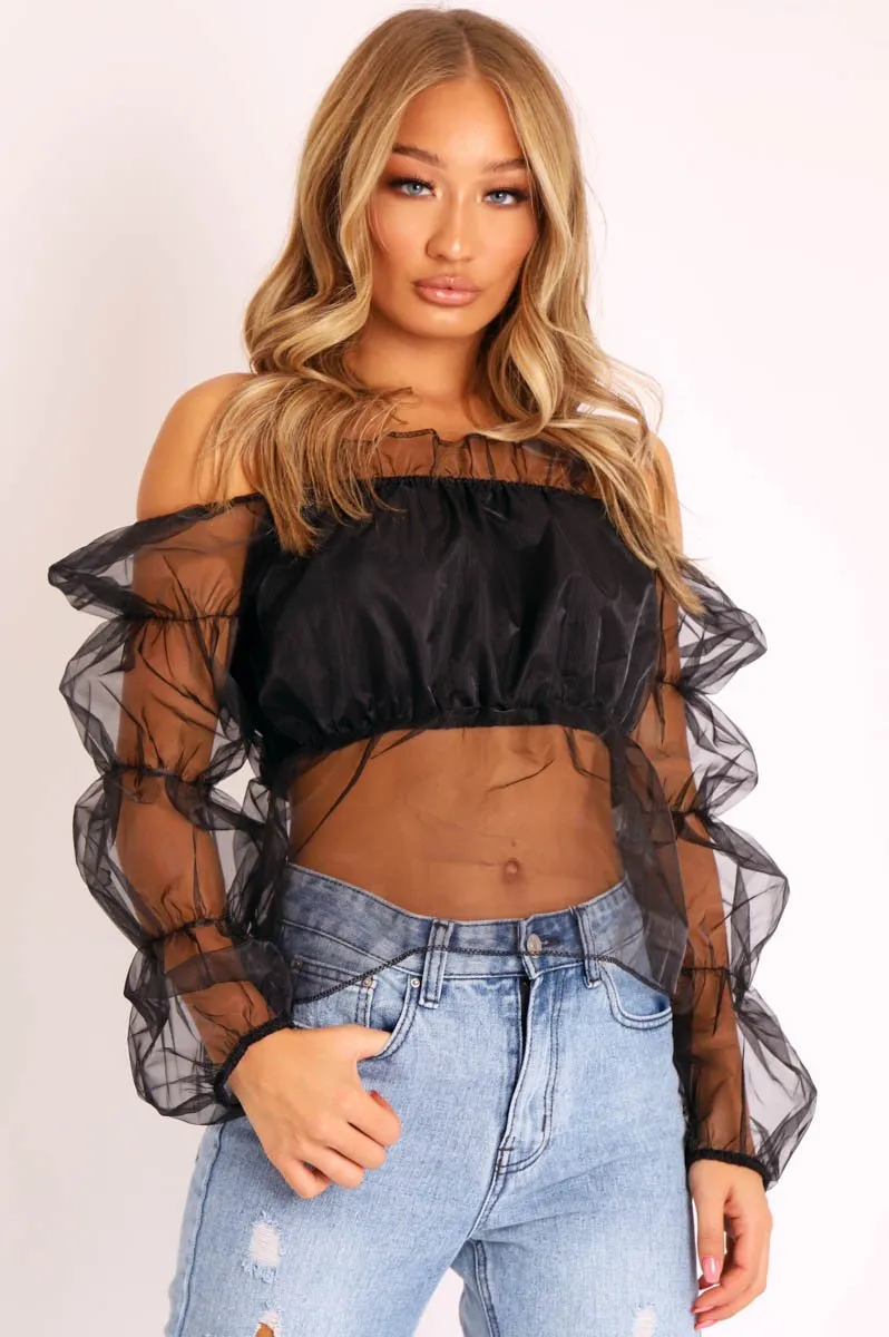 Black Organza Square Neck Puff Sleeve Top - Inza