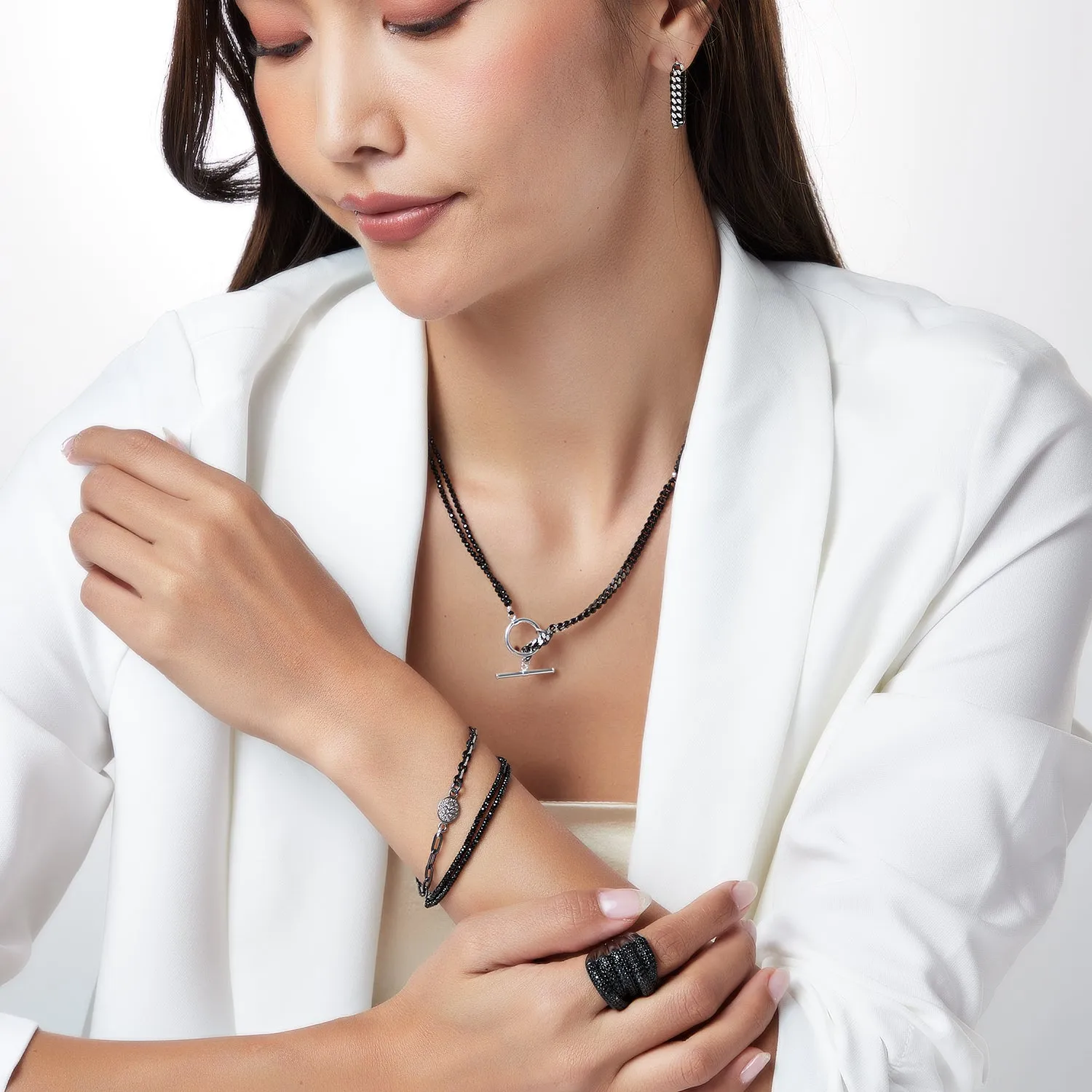 Black Spinel Double Edge Silver Necklace