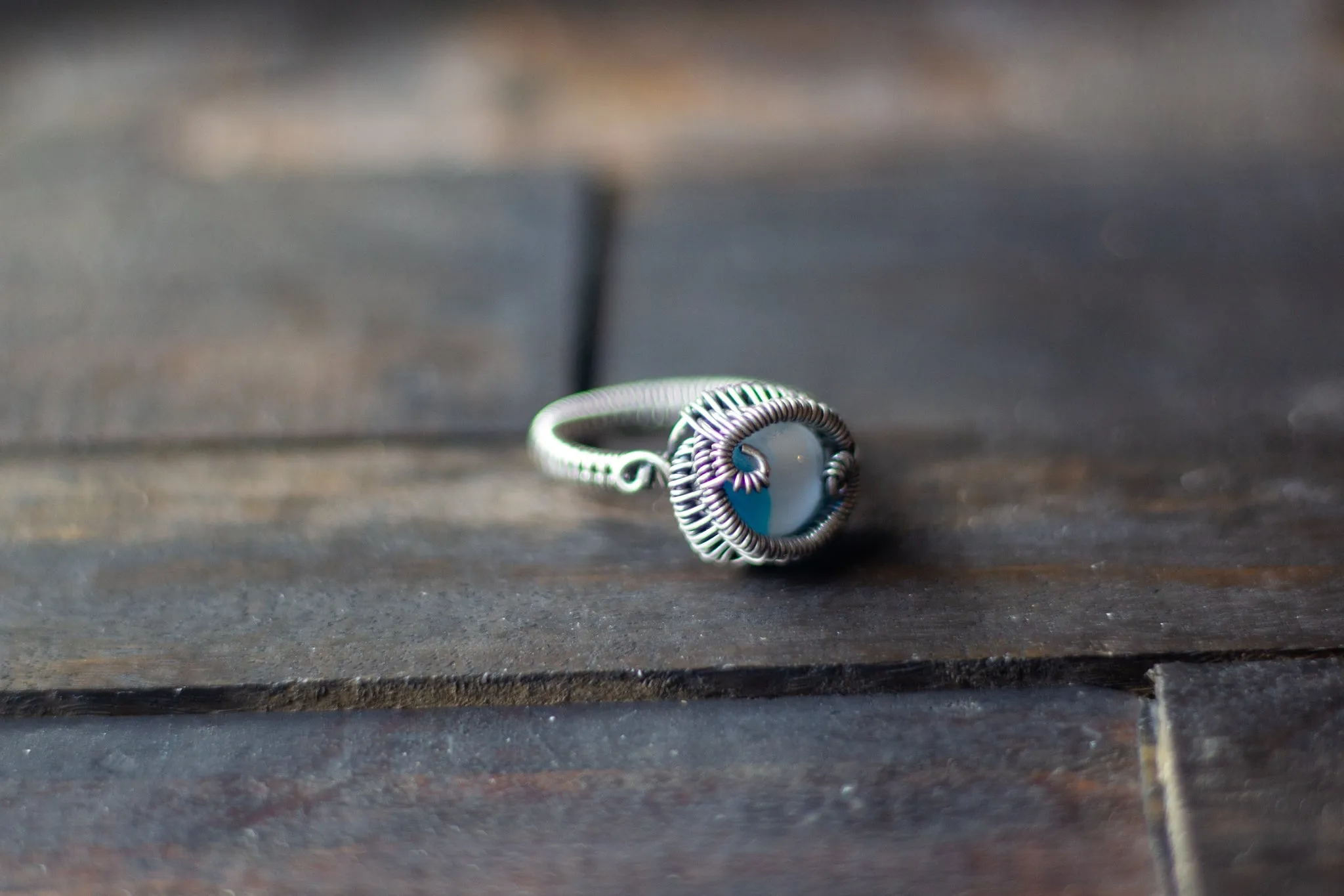 Blue and White Fused Glass and Sterling Silver Wire Wrapped Ring