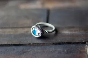 Blue and White Fused Glass and Sterling Silver Wire Wrapped Ring