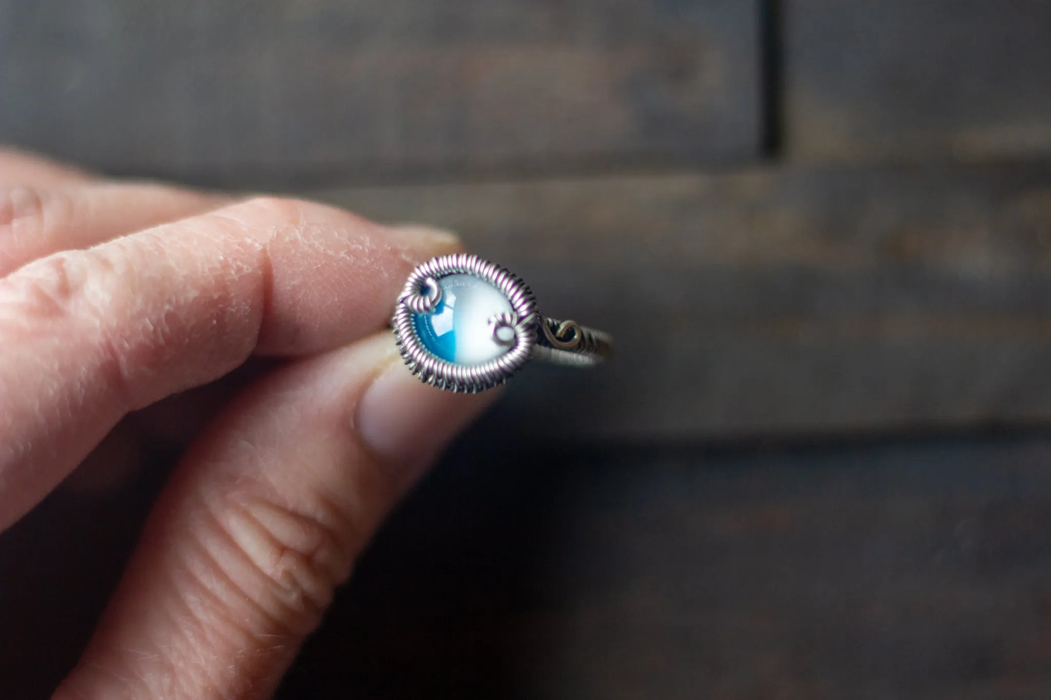 Blue and White Fused Glass and Sterling Silver Wire Wrapped Ring