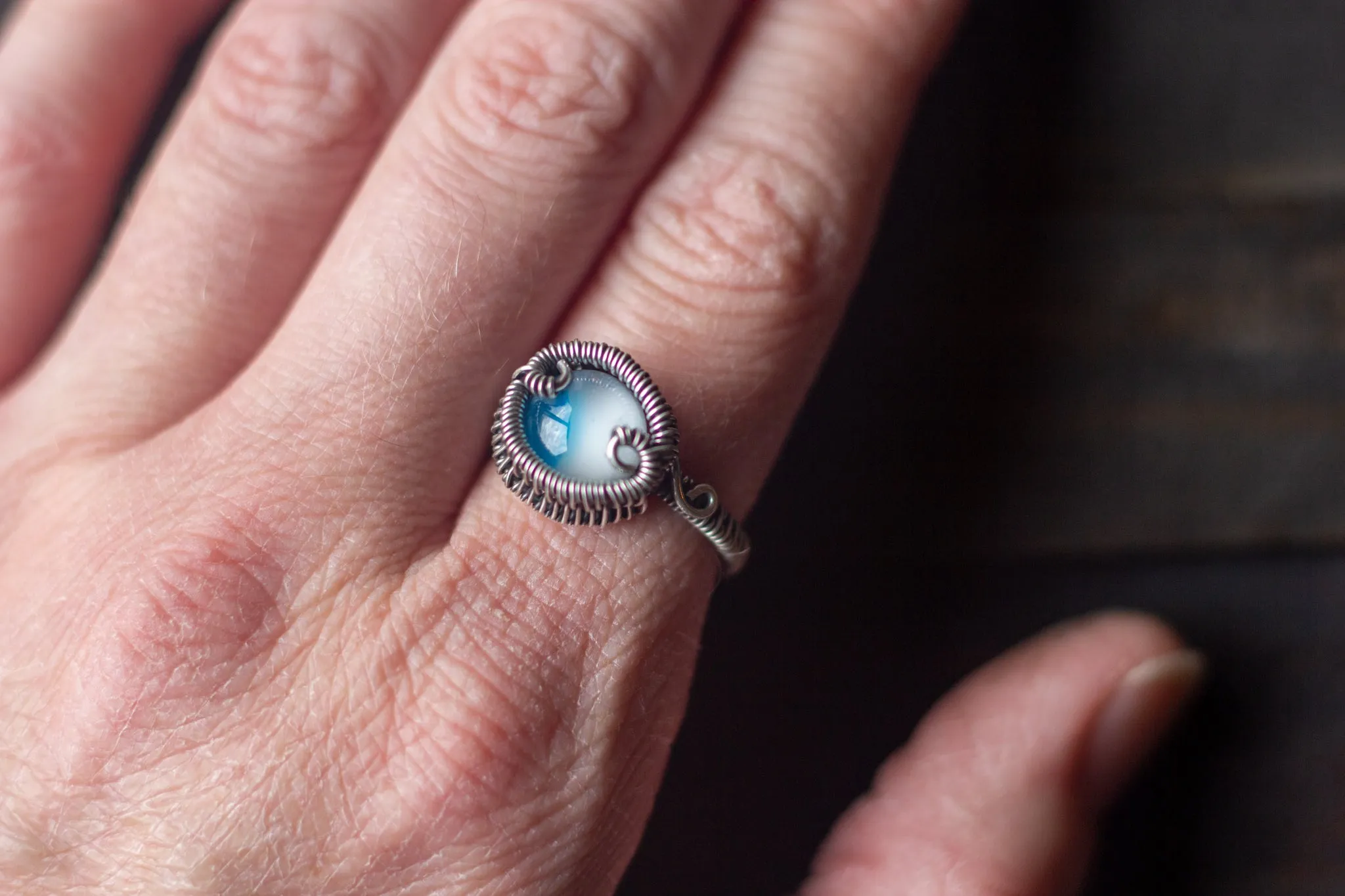 Blue and White Fused Glass and Sterling Silver Wire Wrapped Ring