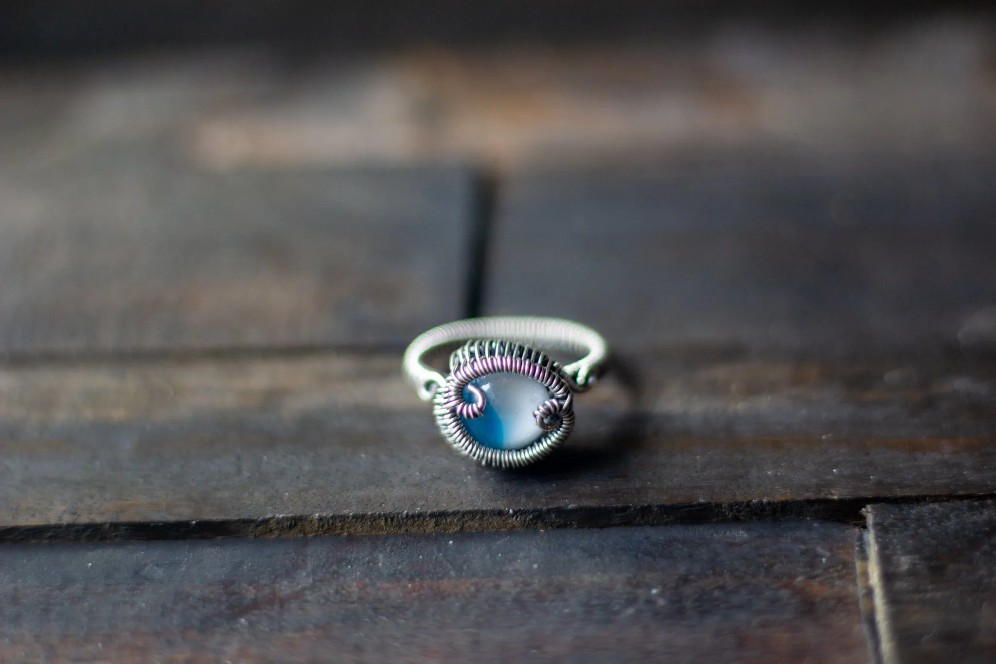 Blue and White Fused Glass and Sterling Silver Wire Wrapped Ring