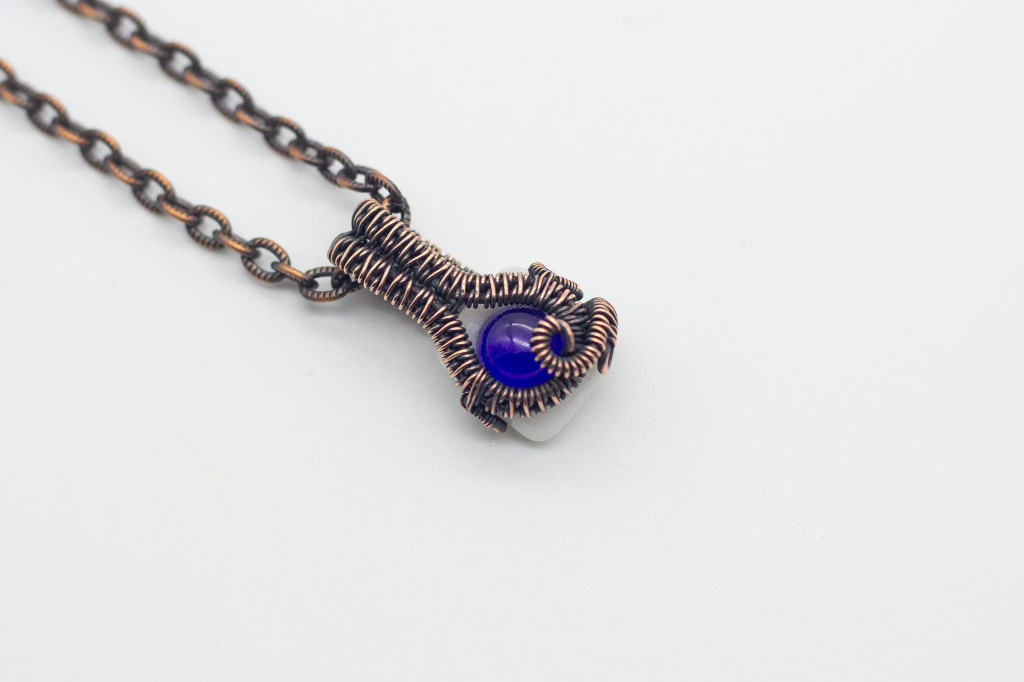 Blue Mini Pendant with Copper Wire Wrapping