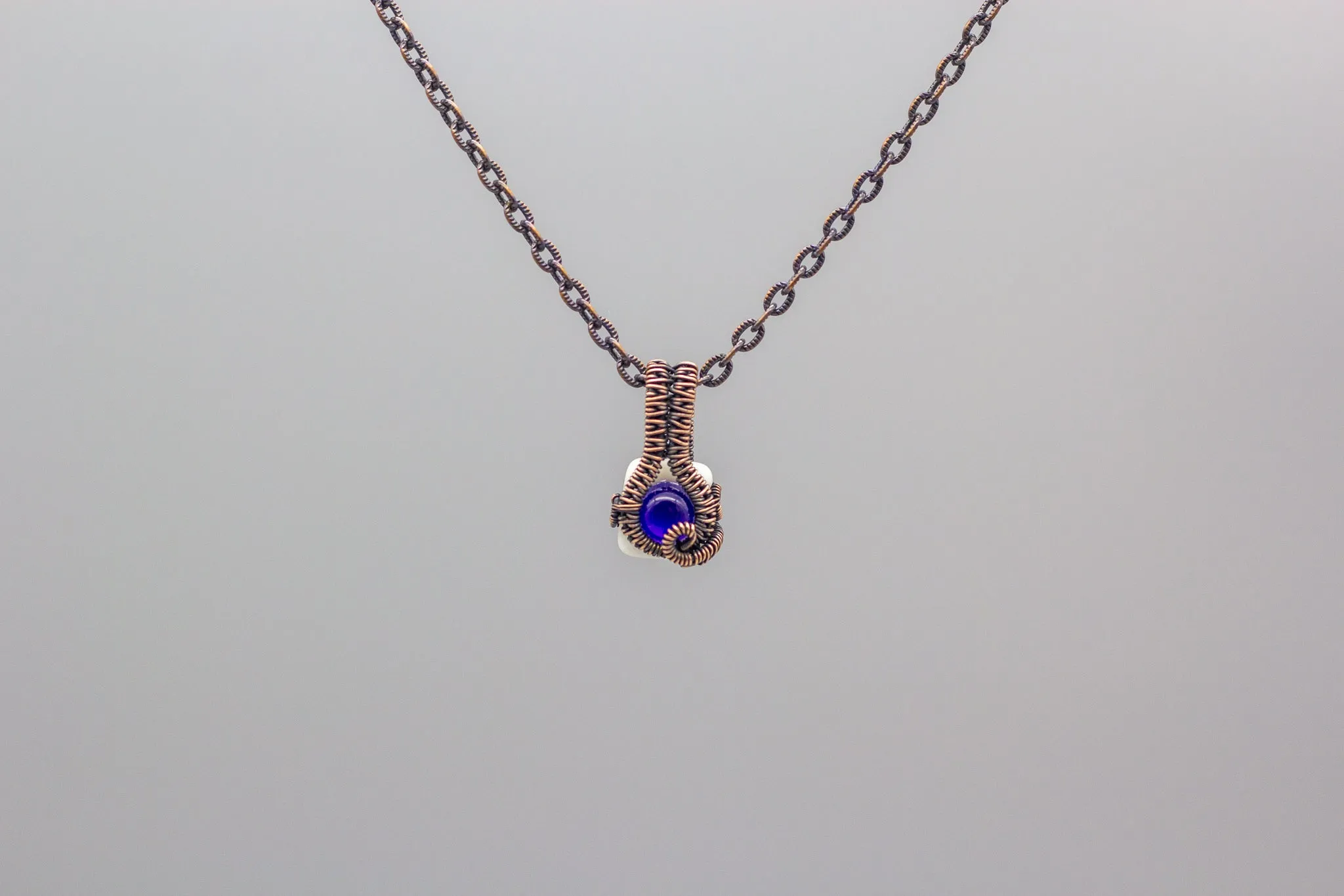 Blue Mini Pendant with Copper Wire Wrapping