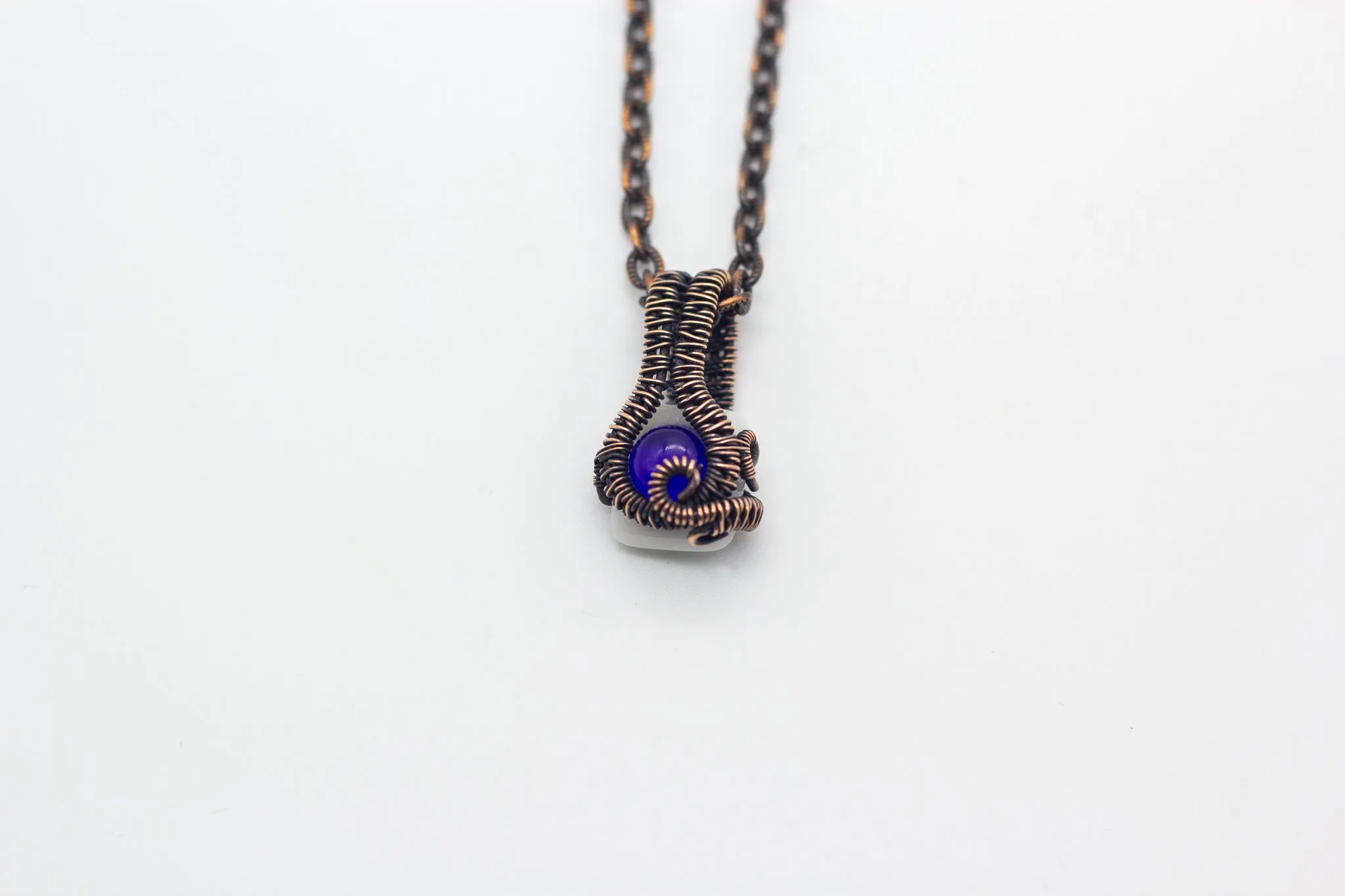 Blue Mini Pendant with Copper Wire Wrapping
