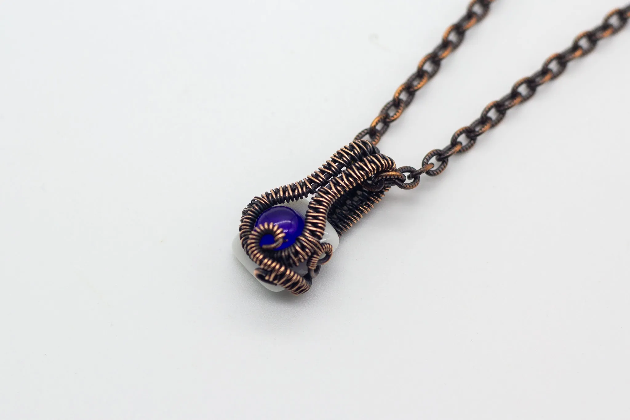 Blue Mini Pendant with Copper Wire Wrapping