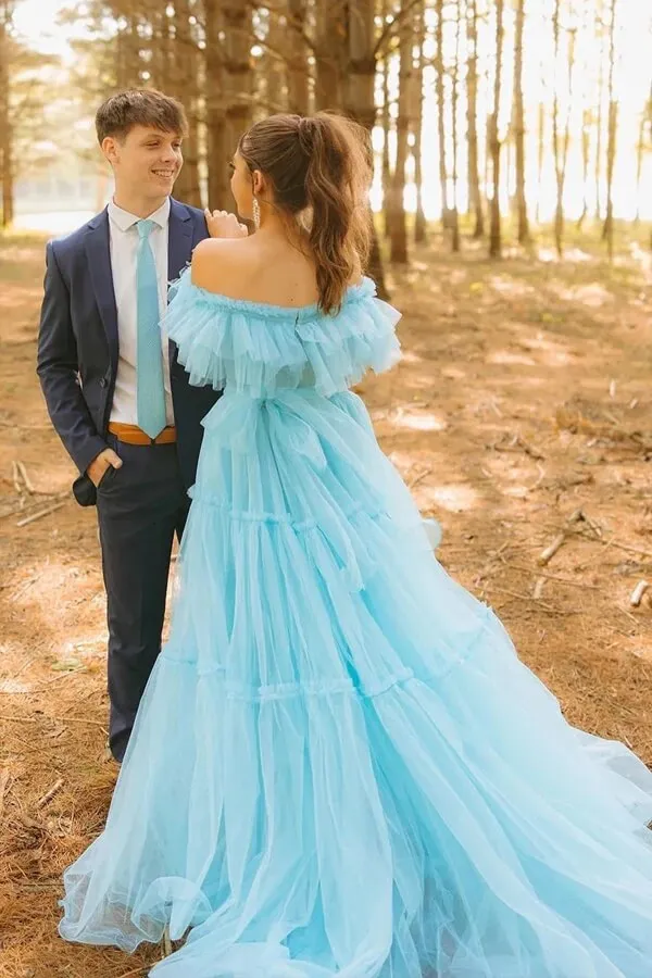 Blue Tulle A-line Ruffles Off-the-Shoulder Corset Long Prom Dresses, SLP017