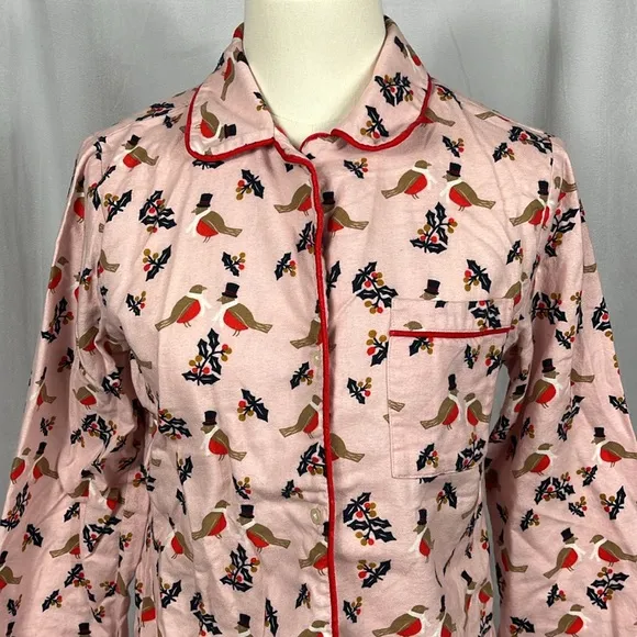 Boden Women’s Cozy Woven Pajama Set in Pink Partridge Bird Holly.