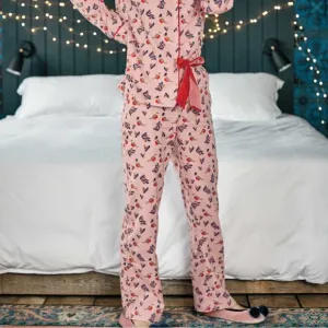 Boden Women’s Cozy Woven Pajama Set in Pink Partridge Bird Holly.