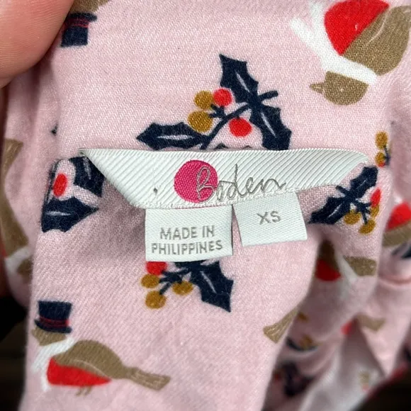 Boden Women’s Cozy Woven Pajama Set in Pink Partridge Bird Holly.
