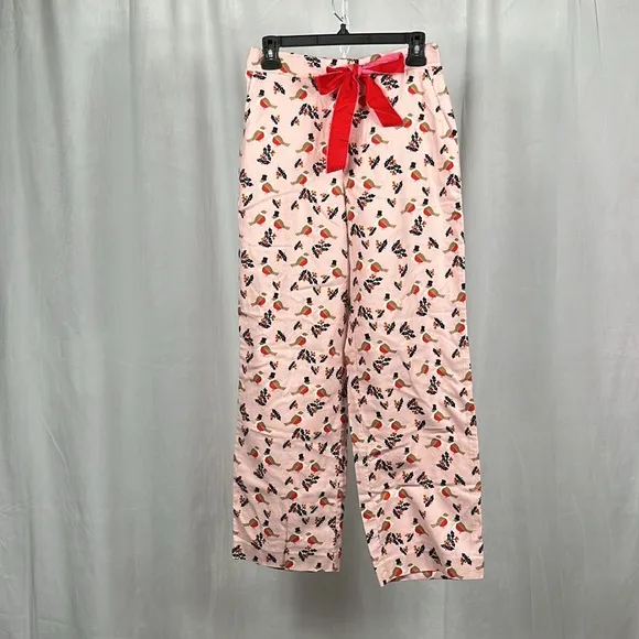 Boden Women’s Cozy Woven Pajama Set in Pink Partridge Bird Holly.