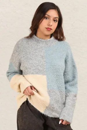 Bold Blend Color Block Sweater – Mock Neck, Drop Shoulder