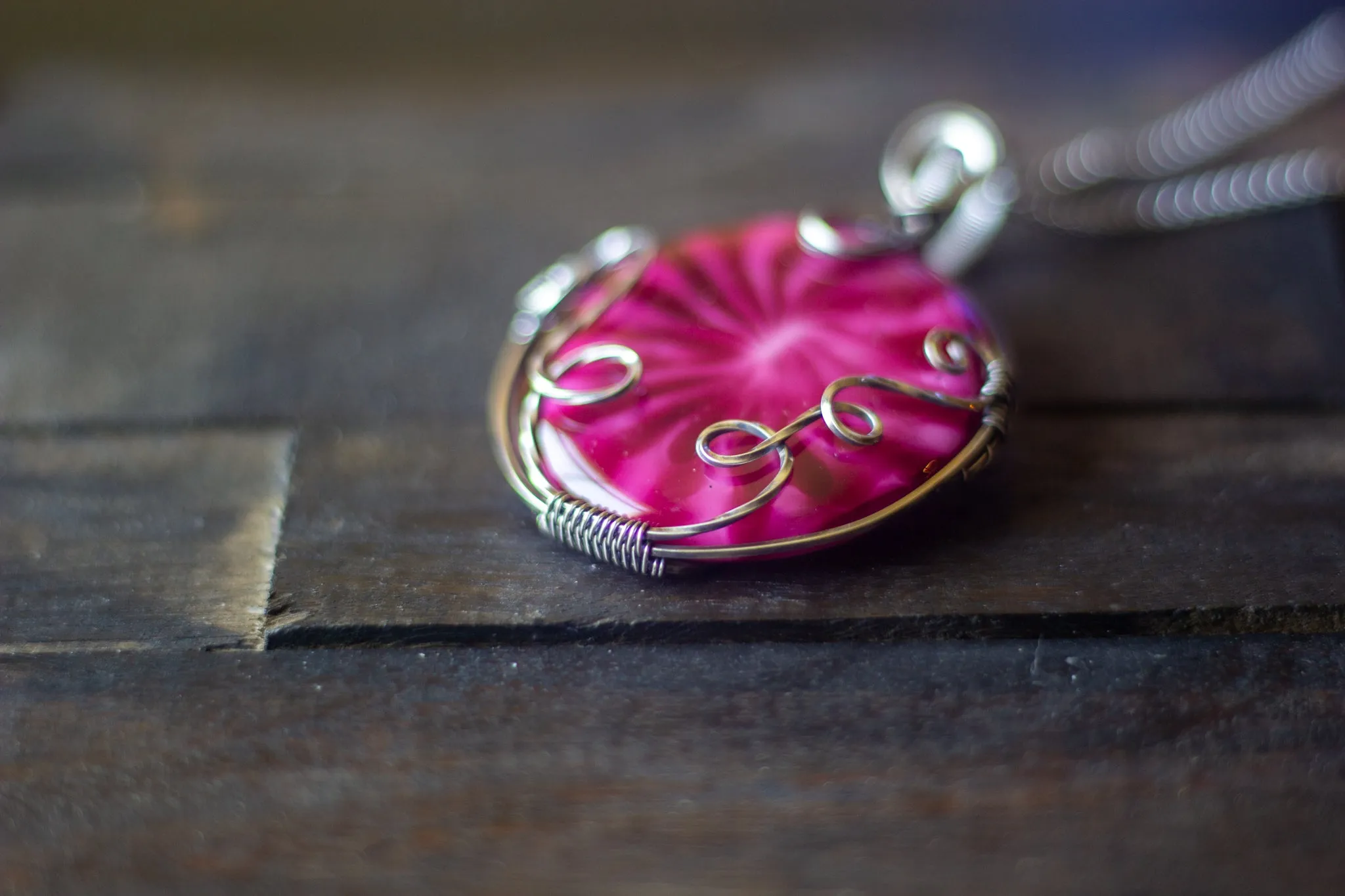 Bold Pink Fused Glass Statement Pendant with Sterling Silver Wire Wrapping
