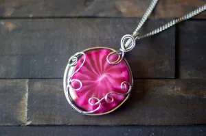 Bold Pink Fused Glass Statement Pendant with Sterling Silver Wire Wrapping
