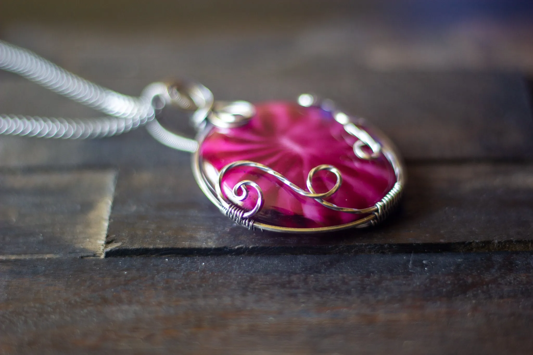 Bold Pink Fused Glass Statement Pendant with Sterling Silver Wire Wrapping