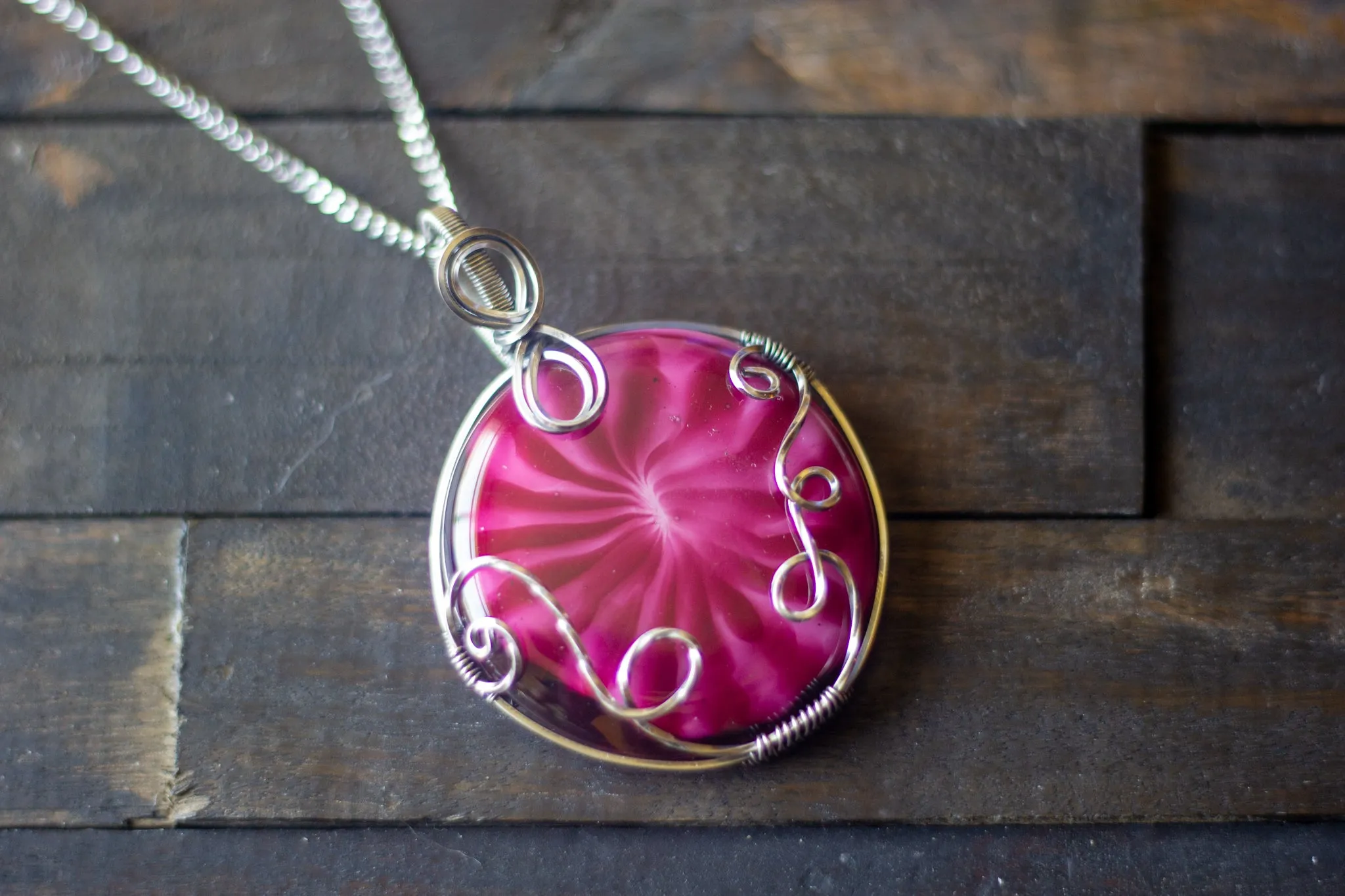 Bold Pink Fused Glass Statement Pendant with Sterling Silver Wire Wrapping
