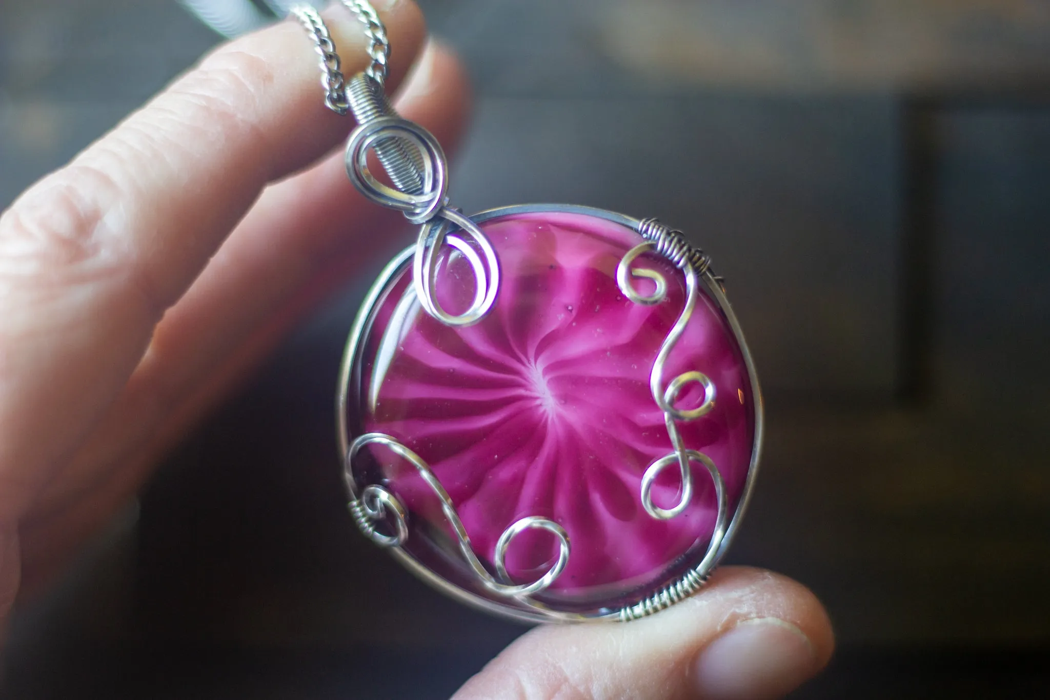Bold Pink Fused Glass Statement Pendant with Sterling Silver Wire Wrapping