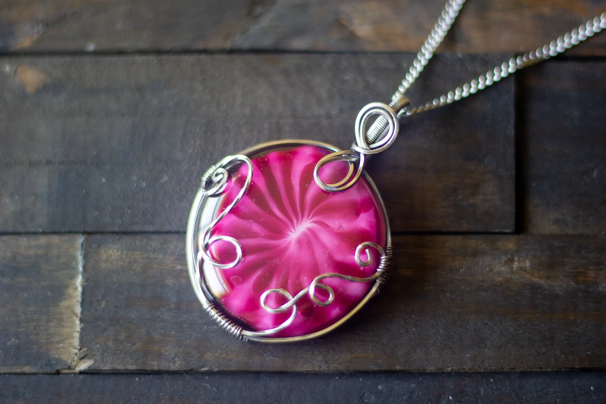 Bold Pink Fused Glass Statement Pendant with Sterling Silver Wire Wrapping