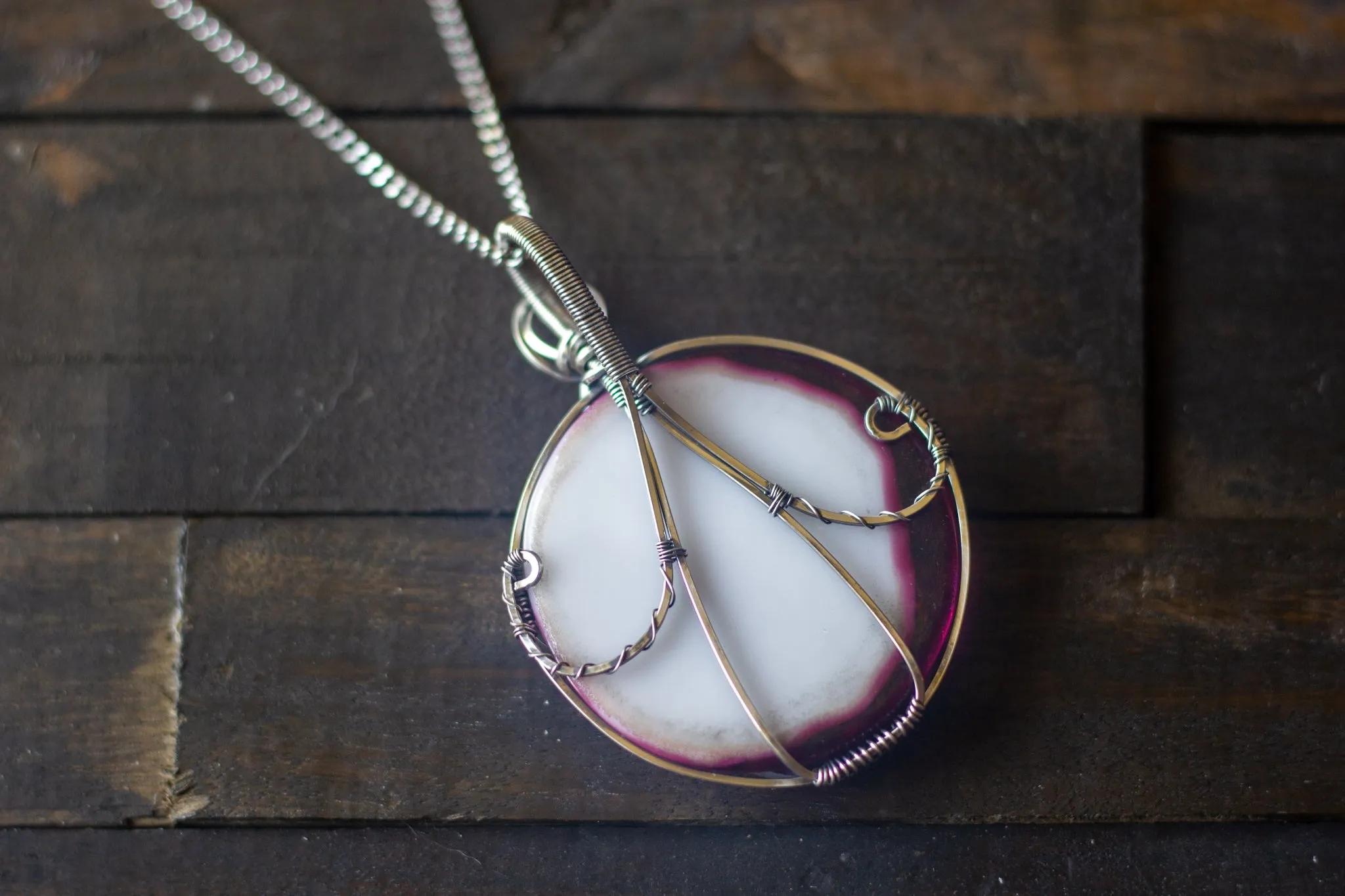 Bold Pink Fused Glass Statement Pendant with Sterling Silver Wire Wrapping