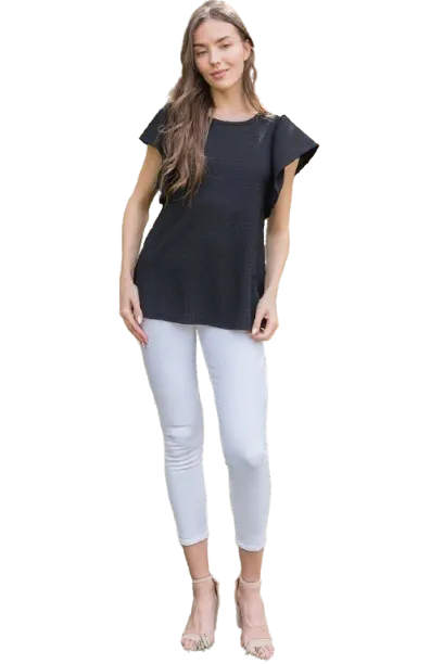 Butterfly Sleeve Textured Solid Top Black - Pack of 6