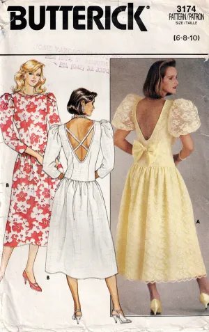 Butterick 3174 Womens Drop Waisted V Back Evening Bridesmaids Prom Dress with Puff or Long Sleeves 1980s Vintage Sewing Pattern Size 6 - 10
