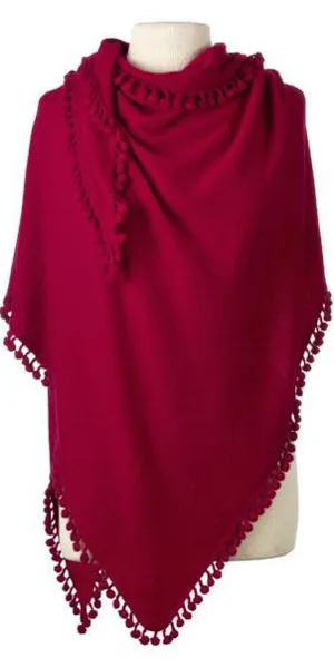 Cashmere Pom Pom Triangle Wrap in Cherry