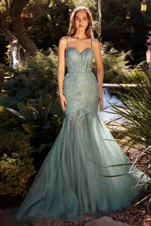 CD A1232 - 3D Floral & Glitter Applique Fit & Flare Prom Gown with Sheer Boned Bodice Lace Up Corset Back & Layered Tulle Skirt