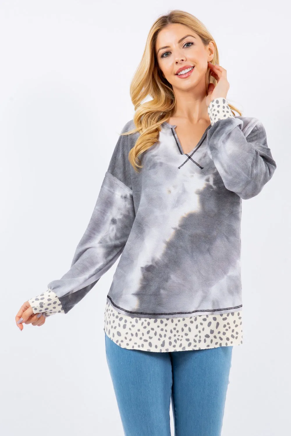 Celeste Contrast Stitching Notched Dropped Shoulder Blouse