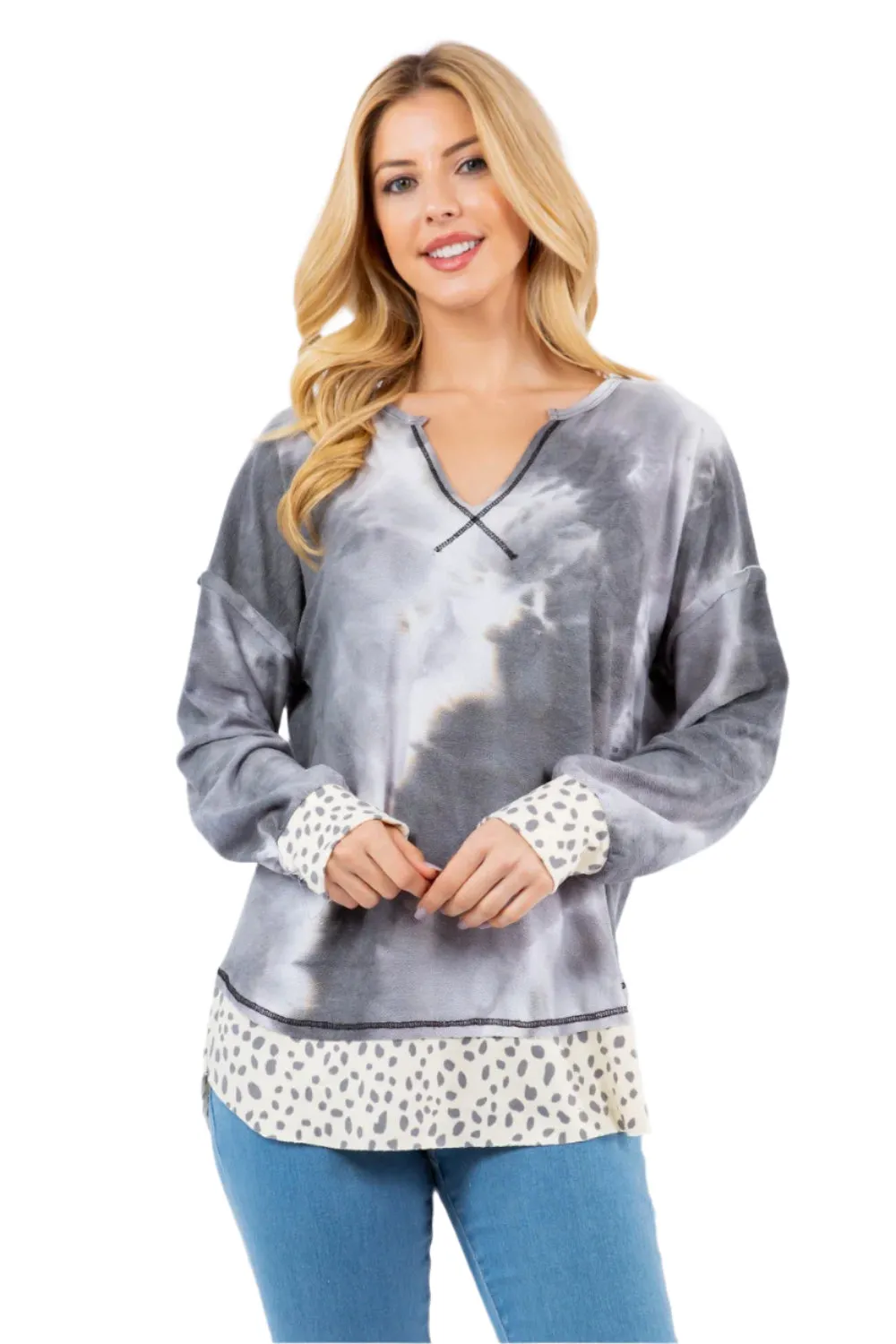 Celeste Contrast Stitching Notched Dropped Shoulder Blouse