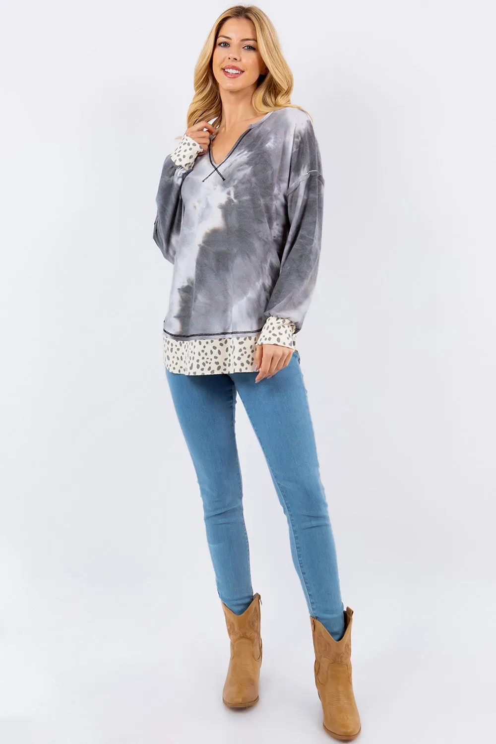 Celeste Contrast Stitching Notched Dropped Shoulder Blouse