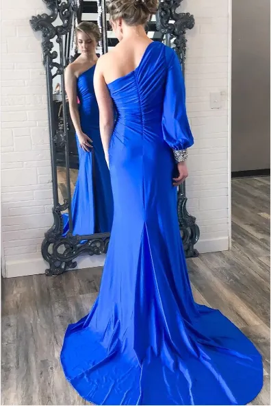 Cheap 2025 One Shoulder Prom Dresses Royal Blue Long Sleeve Party Dress