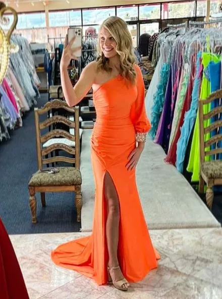 Cheap 2025 One Shoulder Prom Dresses Royal Blue Long Sleeve Party Dress