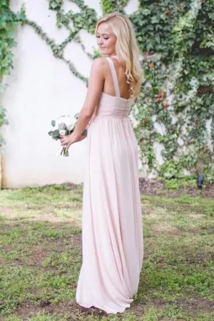 Chic Pink Chiffon A-line One Shoulder Floor Length Bridesmaid Dresses, MBD221
