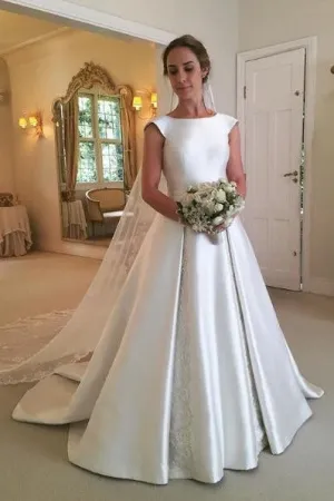 Chic Satin Cap Sleeves Wedding Gown with Lace Details