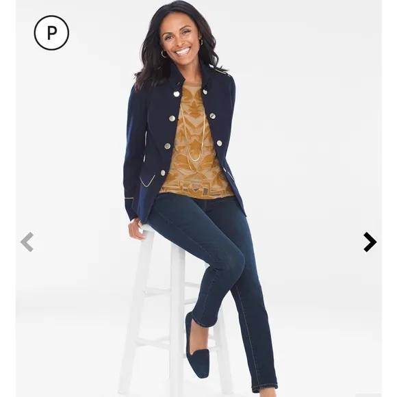 Chico’s Military Gold Tone Button Jacket in Navy Size Chico’s 3 Petite