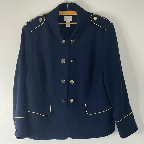 Chico’s Military Gold Tone Button Jacket in Navy Size Chico’s 3 Petite