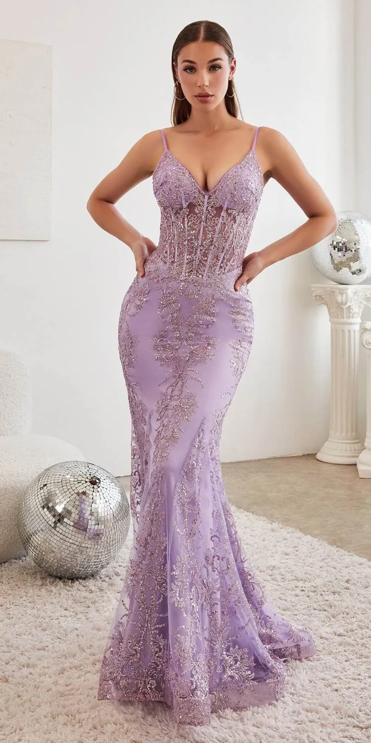 Cinderella Divine J810 Long Fitted Mermaid Gown Metallic Embroidered Lace