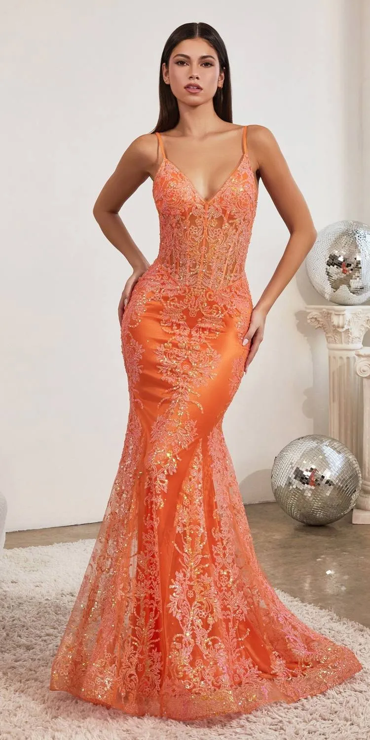 Cinderella Divine J810 Long Fitted Mermaid Gown Metallic Embroidered Lace