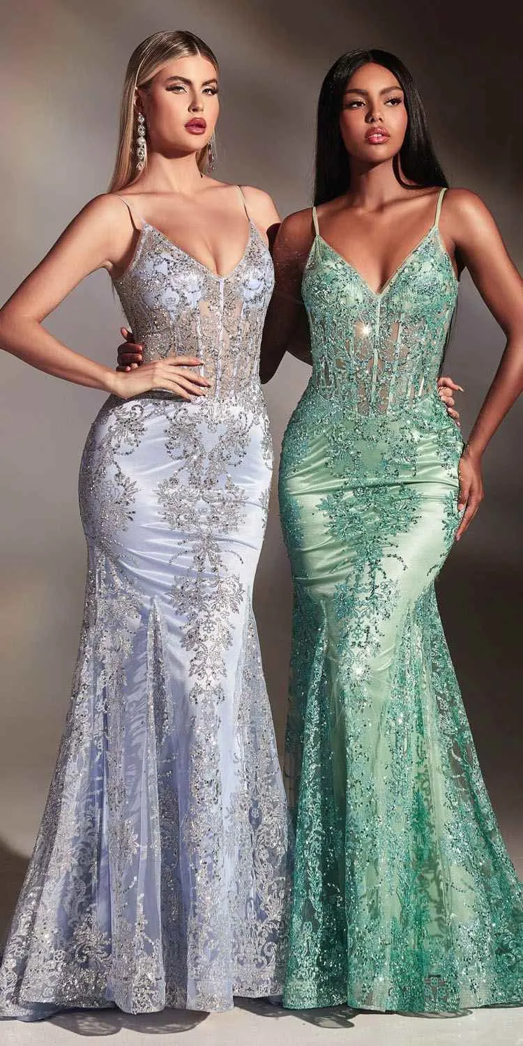 Cinderella Divine J810 Long Fitted Mermaid Gown Metallic Embroidered Lace