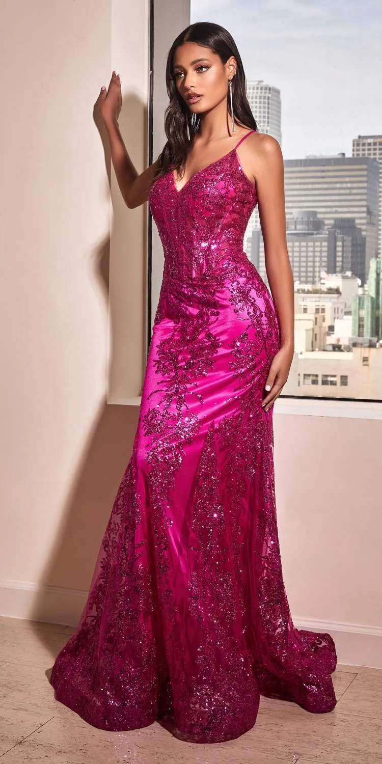 Cinderella Divine J810 Long Fitted Mermaid Gown Metallic Embroidered Lace